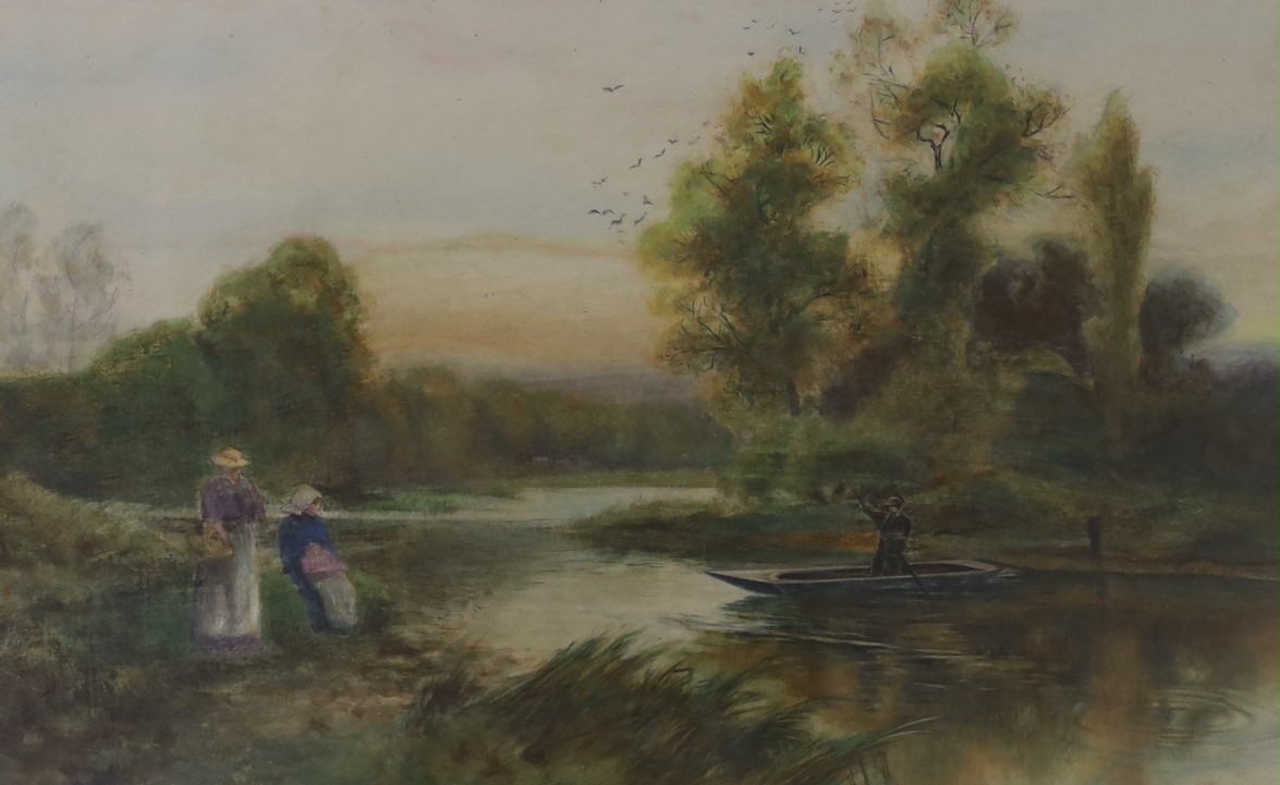 Charles Henry Bonney, watercolour, Landscape with figures in woodland, signed and dated 1887, 34 x 49cm, a Henry Charles Fox watercolour of a ferry crossing, dated 1906, 30 x 41cm and two other watercolours